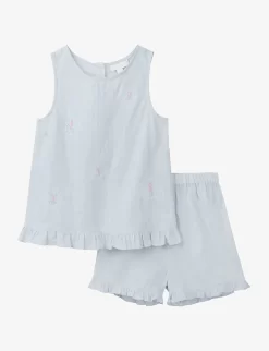 Seahorse-embroidered Frill-hem Cotton Pyjamas 7-12 Years