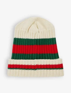 Gucci Striped-logo Cotton-knit Beanie Hat 12-24 Months -Boutique Fashionable Childrens Clothing Store R04079393 IVORYDARKGREEN ALT02