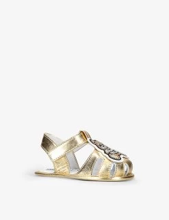 MOSCHINO Teddy Bear-patch Metallic-leather Sandals 0-6months -Boutique Fashionable Childrens Clothing Store R04080194 GOLD ALT02