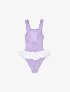 Denise Crinkle-texture Frill-trim Stretch-woven Swimsuit 7-12 Years -Boutique Fashionable Childrens Clothing Store R04126429 LILACWHITE ALT02