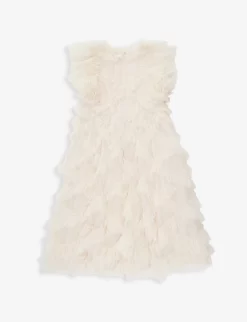 Ruffle-trim Flared-hem Recycled-polyester Dress 4-10 Years -Boutique Fashionable Childrens Clothing Store R04135608 CREAM ALT02