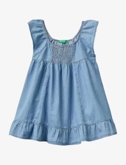 Benetton Frilled-hem Shirred-back Cotton-chambray Mini Dress 1-6 Years