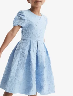 Reiss Amalie Floral-textured Cotton-blend Dress 4-12 Years -Boutique Fashionable Childrens Clothing Store R04160604 BLUE ALT03