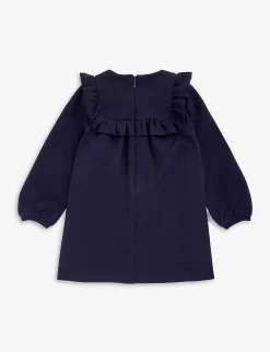 Chloé Ruffled Floral-embroidered Stretch-woven Dress 6 Months-3 Years -Boutique Fashionable Childrens Clothing Store R04167163 NAVY ALT02