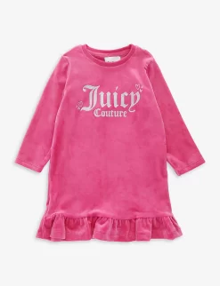 Juicy Couture Logo-embroidered Frill-hem Stretch-velour Dress 12-36 Months