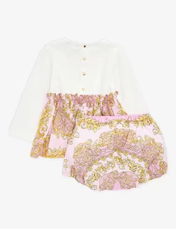 Versace Baroque-print Stretch-cotton Dress And Bloomer Set 6-18 Months -Boutique Fashionable Childrens Clothing Store R04170759 WHITEPINKGOLD ALT02