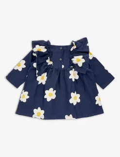 Bobo Choses Flower-print Ruffled-shoulder Cotton-twill Dress 6-24 Months -Boutique Fashionable Childrens Clothing Store R04186593 MIDNIGHTBLUE ALT02