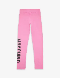 MOSCHINO Logo-print High-rise Stretch-cotton Leggings 4-12 Years -Boutique Fashionable Childrens Clothing Store R04187101 STRAWBERRYMOON ALT02