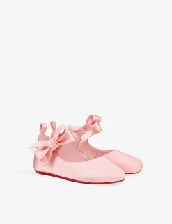 Christian Louboutin Lou Bow-embellished Silk And Leather-blend Crib Shoes 0-12 Months -Boutique Fashionable Childrens Clothing Store R04206909 ROSY ALT02
